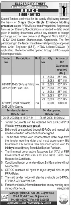 GEPCO Gujranwala Tender Notice